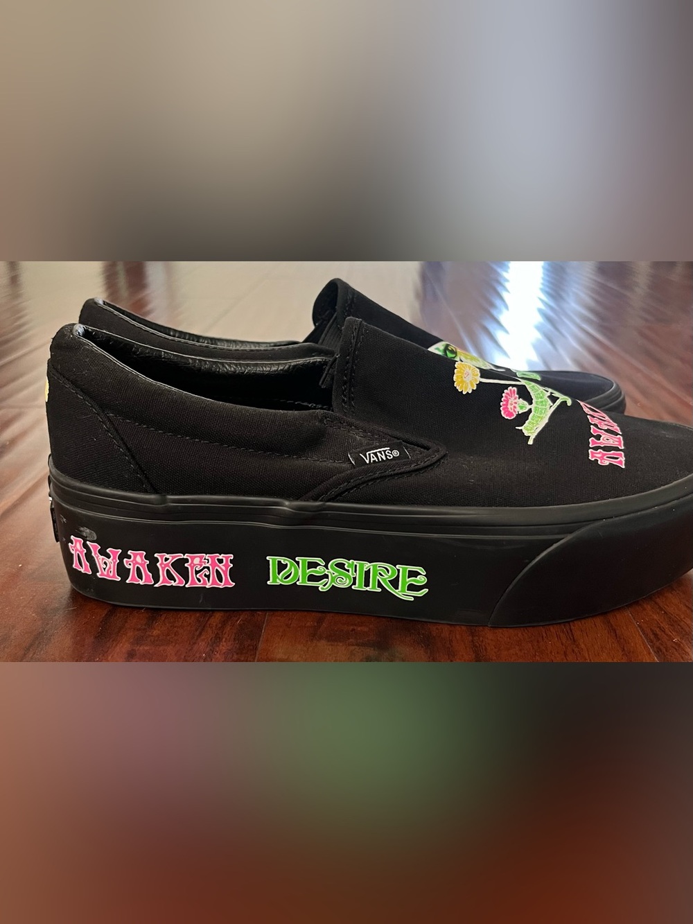 Vans Platform Glow in the Dark Black Slip-On Sneakers with Colorful Graphics - Picture 2 of 7